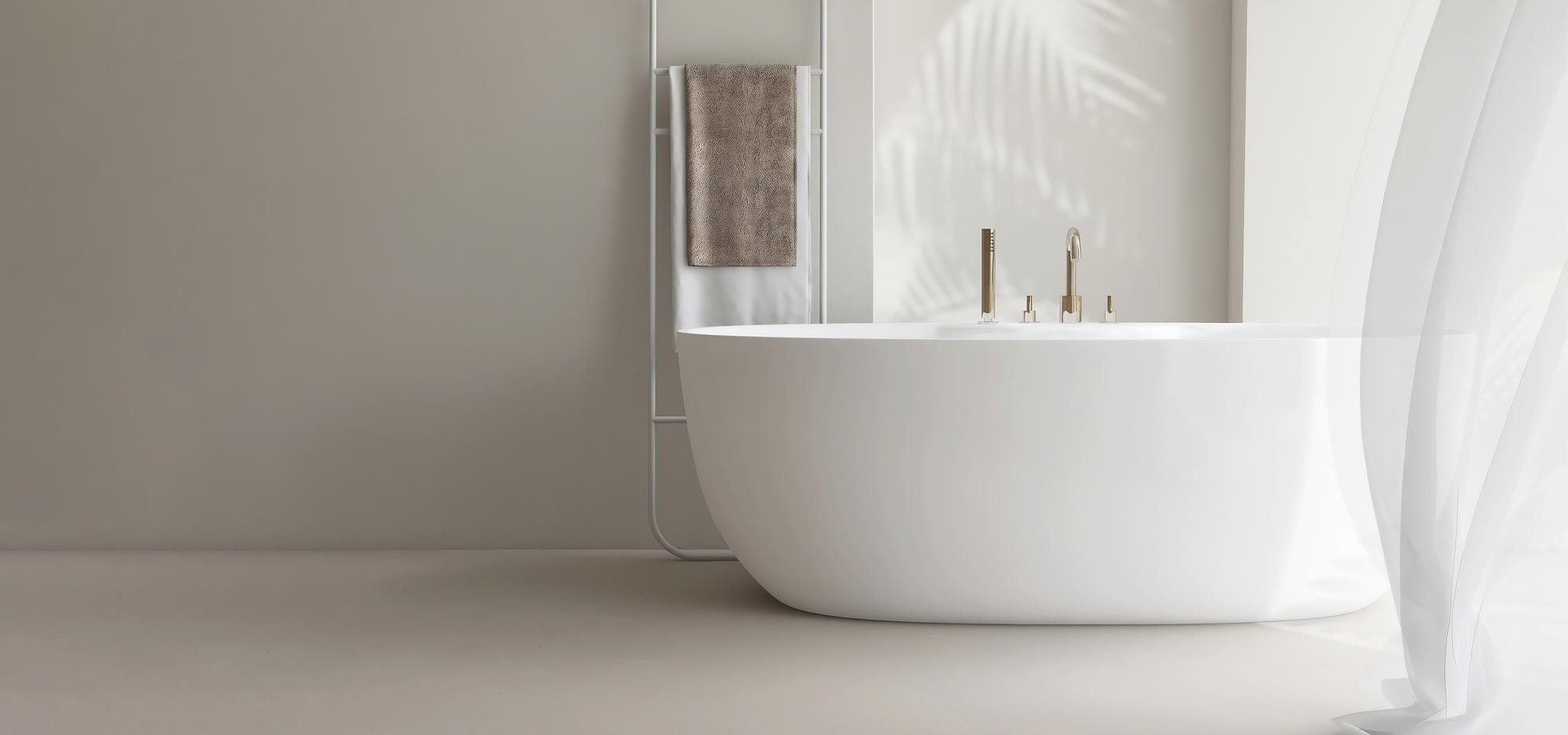 Badezimmer mit einer freistehenden Wanne und Blick über die Landschaft